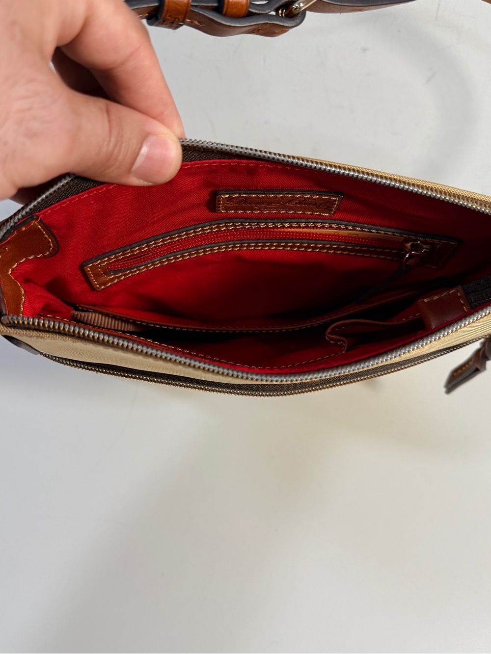 Dooney Bourke Tan Beige Red Interior Canvas Crossbody Bag Purse Adjustable Strap - Picture 6 of 16